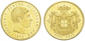 EUROPEAN COINS - VARIA 
 PORTUGAL 
 KINGDOM 
 Pedro V, 1853-1861. 5.000 Reis 1860, Lisbon. Fr. 147; Gomes 12.01. 8,84 g.
 GOLD. Extremely fine