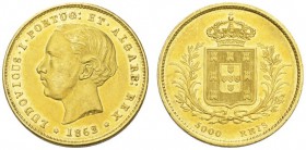 EUROPEAN COINS - VARIA 
 PORTUGAL 
 KINGDOM 
 Luis I, 1861-1889. 5.000 Reis 1862, Lisbon. Fr. 150; Gomes 15.01. 8,87 g.
 GOLD. Almost extremely fi...