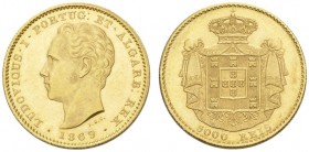 EUROPEAN COINS - VARIA 
 PORTUGAL 
 KINGDOM 
 5.000 Reis 1869, Lisbon. Fr. 153; Gomes 16.03. 8,84 g.
 GOLD. Extremely fine