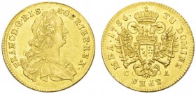 AUSTRIA 
 RÖMISCH-DEUTSCHES REICH 
 Dukat 1756 CA, Karlsburg. Geprägt für Siebenbürgen. Fr. 187; Herinek 78. 3,47 g.
 GOLD. Fast vorzüglich