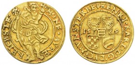 DEUTSCHLAND - GERMANIA 
 SCHLESIEN 
 MÜNSTERBERG-OELS, HERZOGTUM 
 Heinrich III. und Karl II., 1562-1587. Dukat 1569, Reichenstein. Ausbeute der Re...
