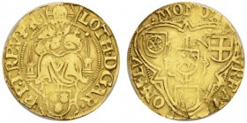 DEUTSCHLAND - GERMANIA 
 TRIER 
 ERZBISTUM 
 Lothar von Metternich, 1599-1623. Goldgulden o.J., Koblenz. LOTH DG AR EP TREV PR. Thronender Christus...