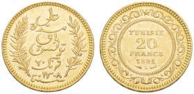 COINS & MEDALS FROM OVERSEAS 
 TUNISIA 
 French Protectorate, 1881-1957. 20 Francs 1891 A, Paris. Fr. 12. 6,44 g.
 GOLD. Extremely fine