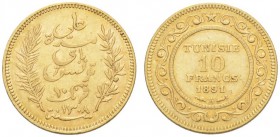 COINS & MEDALS FROM OVERSEAS 
 TUNISIA 
 10 Francs 1891 A, Paris. Fr. 13. 3,21 g.
 GOLD. Almost Extremely fine