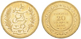 COINS & MEDALS FROM OVERSEAS 
 TUNISIA 
 20 Francs 1892 A, Paris. Fr. 12. 6,44 g.
 GOLD. Extremely fine