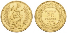 COINS & MEDALS FROM OVERSEAS 
 TUNISIA 
 20 Francs 1898 A, Paris. Fr. 12. 6,43 g.
 GOLD. Extremely fine