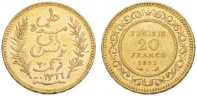 COINS & MEDALS FROM OVERSEAS 
 TUNISIA 
 20 Francs 1899 A, Paris. Fr. 12. 6,44 g.
 GOLD. Extremely fine