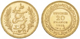 COINS & MEDALS FROM OVERSEAS 
 TUNISIA 
 20 Francs 1901 A, Paris. Fr. 12. 6,44 g.
 GOLD. Extremely fine