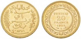 COINS & MEDALS FROM OVERSEAS 
 TUNISIA 
 20 Francs 1903 A, Paris. Fr. 12. 6,44 g.
 GOLD. Uncirculated