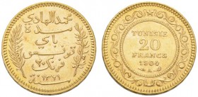 COINS & MEDALS FROM OVERSEAS 
 TUNISIA 
 20 Francs 1904 A, Paris. Fr. 12. 6,44 g.
 GOLD. Extremely fine