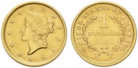 COINS & MEDALS FROM OVERSEAS 
 USA 
 LIBERTY HEAD GOLD DOLLAR TYPE 1 (1849-1854) 
 Dollar 1853, Philadelphia. Fr. 84; K./M. 73. 1,65 g.
 GOLD. Unc...