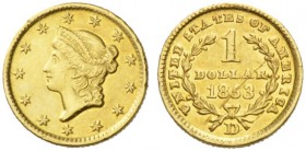 COINS & MEDALS FROM OVERSEAS 
 USA 
 LIBERTY HEAD GOLD DOLLAR TYPE 1 (1849-1854) 
 Dollar 1853 D, Denver. Fr. 86; K./M. 73. 1,67 g.
 GOLD. Rare. O...
