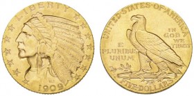 COINS & MEDALS FROM OVERSEAS 
 USA 
 INDIAN HEAD FIVE DOLLARS (1908-1929) 
 5 Dollars 1909 D, Denver. Fr. 151. 8,35 g.
 GOLD. Extremely fine