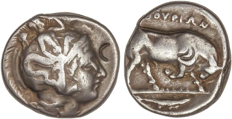 GREEK COINS
Estátera. 400-350 a.C. THOURIOI. LUCANIA. Anv.: Cabeza de Atenea a ...