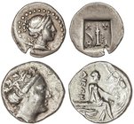 GREEK COINS
Lote 2 monedas 1/4 de Dracma y Tetróbolo. AR. Incluye 1/4 Dracma 168-90 a.C. Distrito de Masikytes Licia. Cabeza de Artemisa a derecha; L...