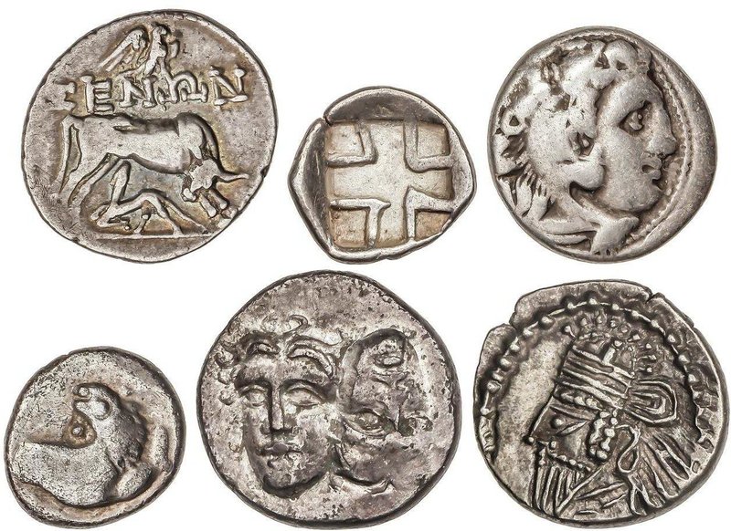 GREEK COINS
Lote 6 monedas. GRECIA ANTIGUA. Todos AR. Incluye: Hemidracma CHERR...