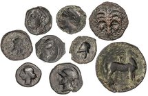 CELTIBERIAN COINS
Lote 9 monedas 1/4 (6), 1/2 (2) y Calco. 220-205 a.C. ACUÑACIONES HISPANO-CARTAGINESAS. AE. Todas diferentes. A EXAMINAR. AB-505, 5...