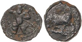 CELTIBERIAN COINS
1/4 Calco. 200-100 a.C. EBUSUS (IBIZA). Anv.: Bes con martillo y serpiente de frente. Rev.: Toro embistiendo a izquierda. 3,15 grs....