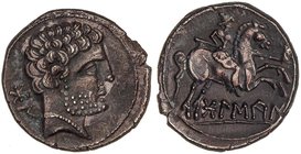 CELTIBERIAN COINS
Denario. 180-20 a.C. BOLSCAN (HUESCA). Anv.: Cabeza barbada a derecha, detrás BoN. Rev.: Jinete con lanza a derecha, debajo leyenda...