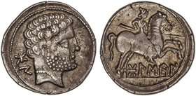 CELTIBERIAN COINS
Denario. 180-20 a.C. BOLSCAN (HUESCA). Anv.: Cabeza barbada, detrás lietras ibéricas BoN. Rev.: Jinete con lanza a derecha, debajo ...