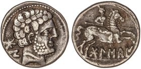 CELTIBERIAN COINS
Denario. 180-20 a.C. BOLSCAN (HUESCA). Anv.: Cabeza barbada a derecha, detrás letras ibéricas BoN. Rev.: Jinete con lanza a derecha...