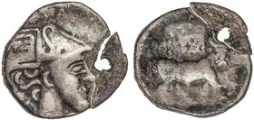 CELTIBERIAN COINS
Dracma. 300-200 a.C. ARSE (SAGUNTO). Anv.: Cabeza galeada a derecha. Rev.: Toro androcéfalo a derecha, delante creciente, encima le...