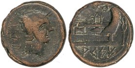 CELTIBERIAN COINS
As. 50-20 a.C. ARSE (SAGUNTO). Anv.: Cabeza galeada de Roma a derecha, alrededor leyenda ibérica ICoRBeLES y BaLCaCaLDuR. Rev.: Pro...