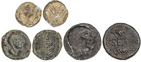 CELTIBERIAN COINS
Lote 3 monedas Semis, As y Plomo monetiforme. 120-50 a.C. SEARO (UTRERA, Sevilla). AE (2) y Pb. A EXAMINAR. AB-2113, 2114; ACIP-242...