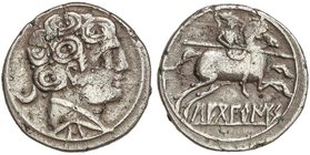 CELTIBERIAN COINS
Denario. 120-30 a.C. SECOBIRICES (SAELICES, Cuenca). Anv.: Cabeza masculina a derecha, detrás creciente y debajo letra ibérica S. R...