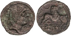 CELTIBERIAN COINS
Semis. 120-30 a.C. SECOBIRICES (SAELICES, Cuenca). Anv.: Cabeza con casco a derecha, delante delfín, detrás signo ibérico S. Rev.: ...