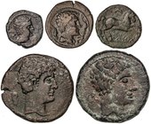 CELTIBERIAN COINS
Lote 5 monedas Cuadrante, Semis (2) y As (2). (ZONA DE CATALUNYA). ILDURO (2) e ILTIRTA (3). AE. As Ilduro (Mataró) (2) Cabeza masc...