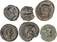 CELTIBERIAN COINS
Lote 6 monedas Semis y As (5). CARMO (3), ILIPENSE, ITALICA (época de Tiberio) y ORIPPO. (Zona de SEVILLA). AE. Todas de la zona de...
