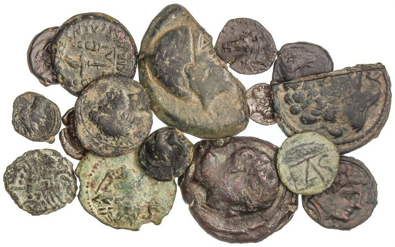 CELTIBERIAN COINS
Lote 16 monedas Óbolo, Sextante, 1/4 Calco (6), Semis (6) y A...