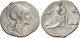 ROMAN COINS: ROMAN REPUBLIC
Denario. 115-114 a.C. ANÓNIMO. ITALICA CENTRAL. Rev.: Roma con cetro sentada a derecha entre dos pájaros; delante loba am...