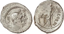 ROMAN COINS: ROMAN REPUBLIC
Denario. 46 a.C. CORDIA-2b. Manius Cordius Rufus. Rev.: Venus Verticordia a izquierda con balanzas y cetro, detrás: MN. C...