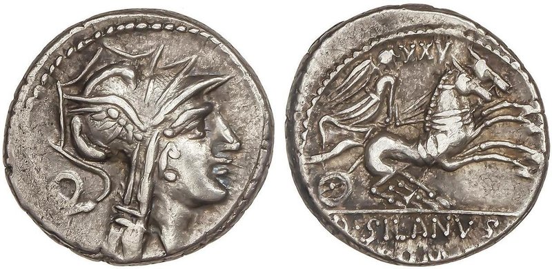 ROMAN COINS: ROMAN REPUBLIC
Denario. 91 a.C. JUNIA-16. D. Junius Silanus L. f. ...