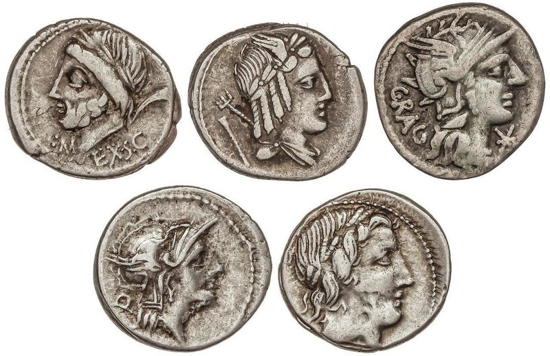 ROMAN COINS: ROMAN REPUBLIC
Lote 5 monedas Denario. ANÓNIMO-226, ANESTIA-9, JUL...