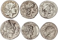 ROMAN COINS: ROMAN REPUBLIC
Lote 6 monedas Denario. ANÓNIMO (2), CREPUSIA, DOMITIA, FABIA y PLANCIA. AR. Incluye Anónimo, Roma Cal-32, FFC-43; Anónim...