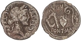 ROMAN COINS: ROMAN EMPIRE
 Denario . Acuñada el 46 a.C . JULIO CÉSAR-4a . Anv.: Cabeza de Ceres coronada de espigas a derecha. Rev.: AVGVR. PONT. MAX...