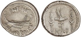 ROMAN COINS: ROMAN EMPIRE
Denario. Acuñada el 32-31 a.C. MARCO ANTONIO. Anv.: ANT. AVG. III VIR. R. P. C. Galera pretoriana a derecha. Rev.: LEG. VI....