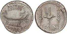 ROMAN COINS: ROMAN EMPIRE
Denario. Acuñada el 32-31 a.C. MARCO ANTONIO. Anv.: ANT. AVG. III VIR. R. P. C. Galera pretoriana a derecha. Rev.: LEG. IX....