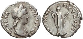 ROMAN COINS: ROMAN EMPIRE
Denario. Acuñada el 137 d.C. SABINA. Anv.: SABINA AVGVSTA. Busto diademado a derecha. Rev.: VENERI GENETRICI. Venus en pie ...