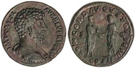 ROMAN COINS: ROMAN EMPIRE
Sestercio. Acuñada el 162 d.C. LUCIO VERO. Anv.: IMP. CAES. L. AVREL. VERVS AVG. Cabeza desnuda a derecha. Rev.: CONCORD. A...