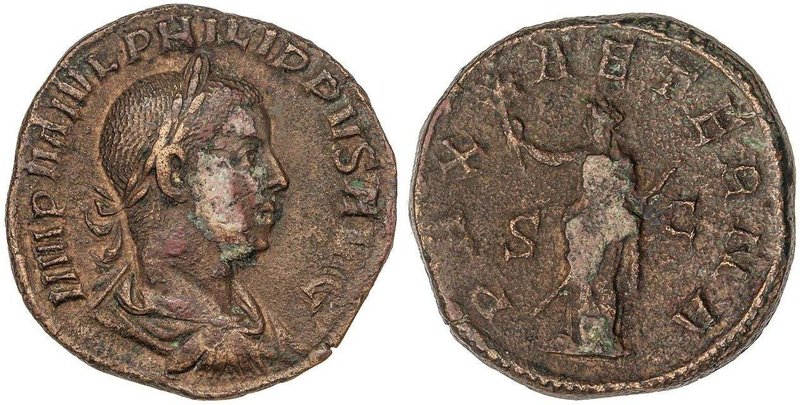 ROMAN COINS: ROMAN EMPIRE
Sestercio. Acuñada el 246-249 d. C. FILIPO II. Anv.: ...