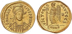 ROMAN COINS: ROMAN EMPIRE
Sólido. Acuñada el 491-518 d.C. ANASTASIO I. CONSTANTINOPLA. Anv.: S. N. ANASTASIVS PP. AVG. Busto de frente con coraza, ca...