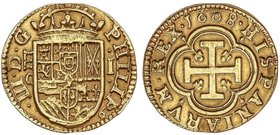 SPANISH MONARCHY: PHILIP III
1 Escudo. 1608. SEGOVIA. C. 3,31 grs. (Defecto de acuñación en gráfila). Canto irregular. MUY ESCASA. Cal-61. MBC+.