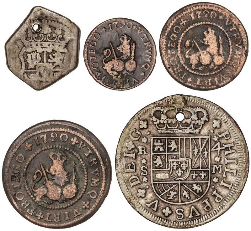 SPANISH MONARCHY: PHILIP V
Lote 5 monedas 1, 2, 4 Maravedís, 2 y 4 Reales. 1718...