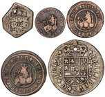 SPANISH MONARCHY: PHILIP V
Lote 5 monedas 1, 2, 4 Maravedís, 2 y 4 Reales. 1718, 1720 y 1737. BARCELONA, GUATEMALA y SEVILLA. 1, 2 y 4 Maravedís 1720...