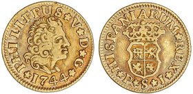 SPANISH MONARCHY: PHILIP V
1/2 Escudo. 1744. SEVILLA. P.J. 1,74 grs. Ligera pátina . Cal-586. MBC.