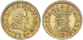 SPANISH MONARCHY: FERDINAND VI
1/2 Escudo. 1755. MADRID. J.B. 1,73 grs. (Ligeramente alabeada). Cal-252. MBC.